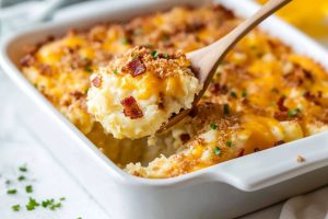 Loaded mashed potato casserole scooped with a wooden spoon.