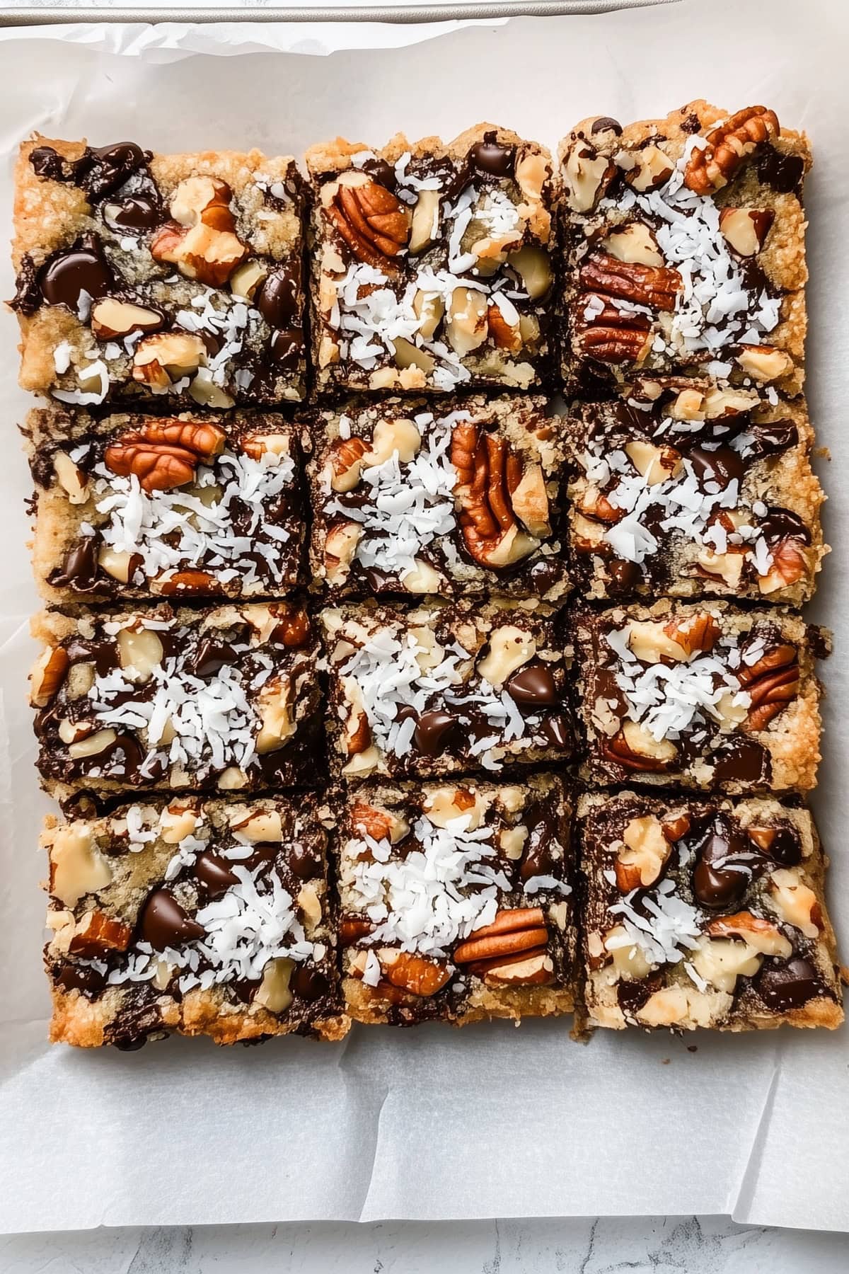 An overhead view of magic cookie bars on parchment paper.