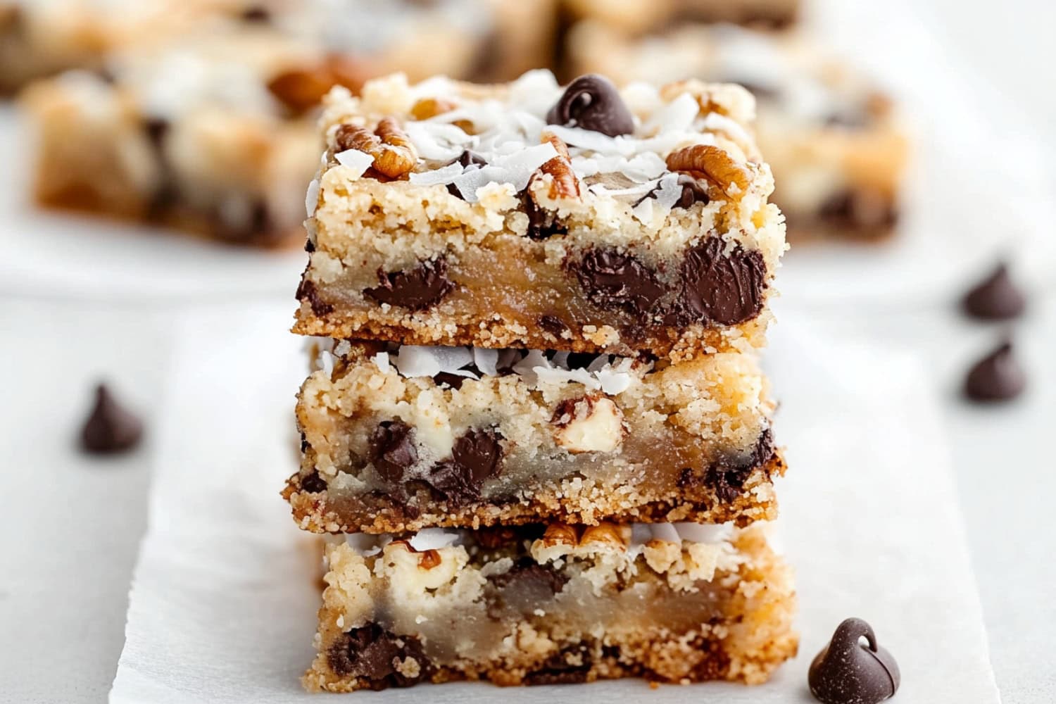 Square magic cookie bars on a parchment paper, with visible chocolate chips, coconut shavings, and a golden graham cracker base.