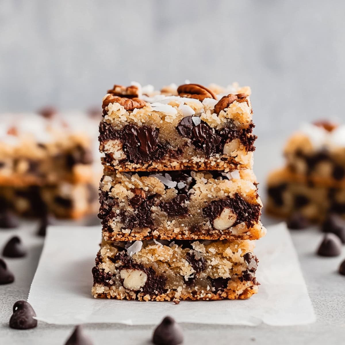 A close-up of freshly baked magic cookie bars with layers of chocolate chips, coconut, and graham cracker crumbs.