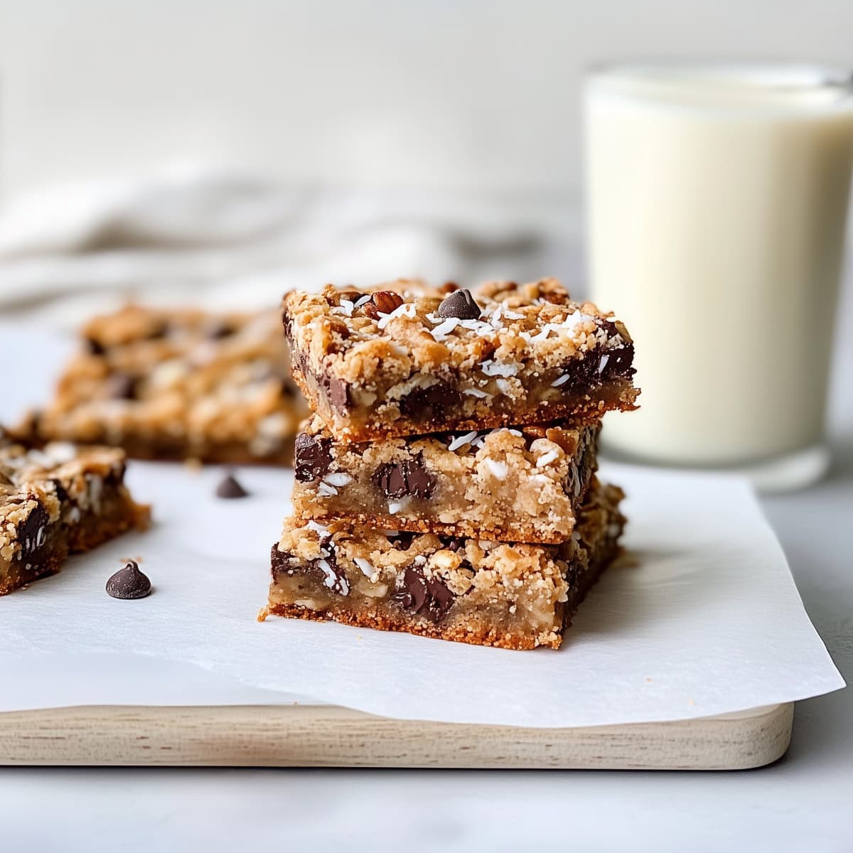 A stack of magic cookie bars with chopped pecans, chocolate chips and coconut, served with milk.