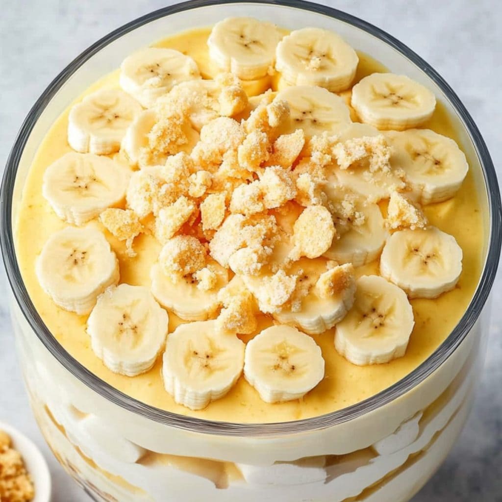 Top view of Magnolia bakery banana pudding in a trifle glass garnished with banana slices and wafer crumbles.