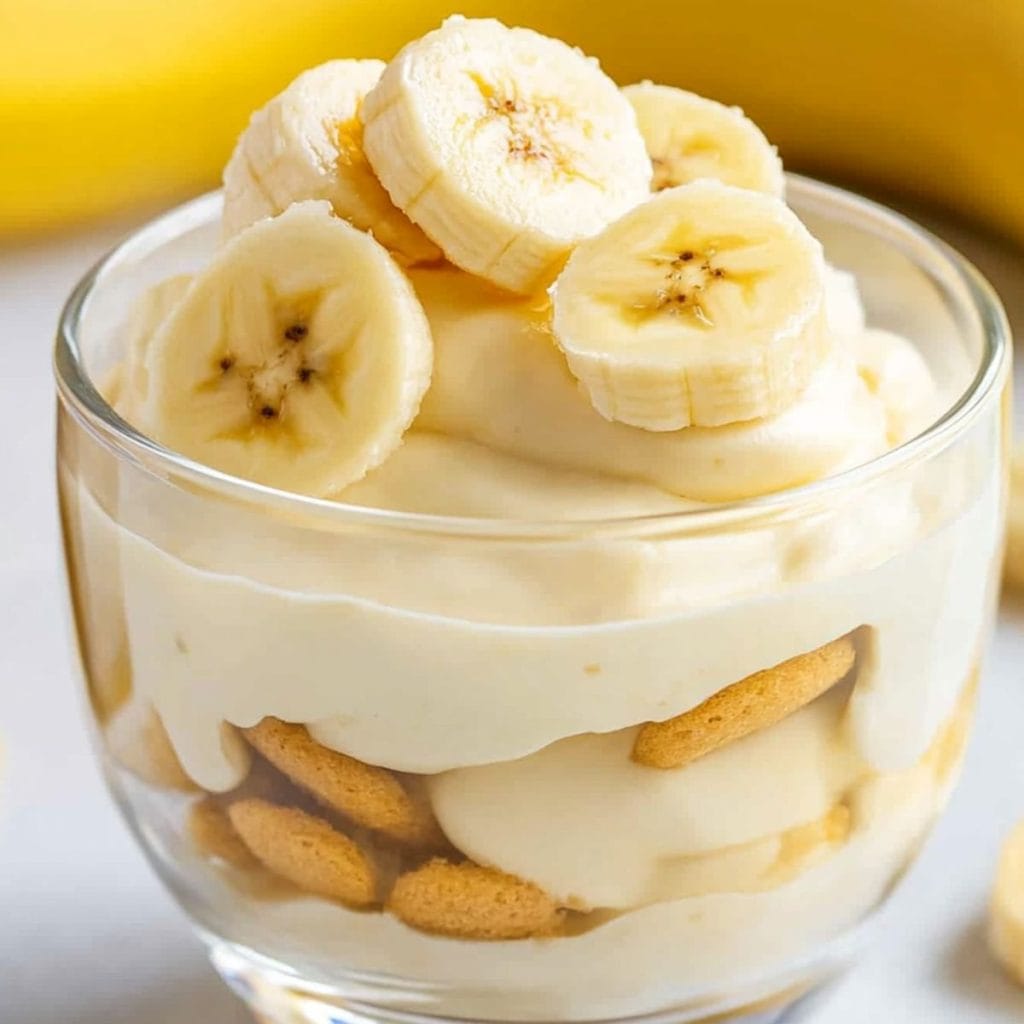 Serving of banana pudding in a small dessert glass. 