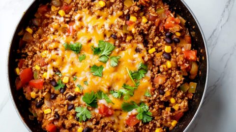 An overhead view of Mexican beef and rice skillet with melted cheese, tomatoes, corn and black beans.