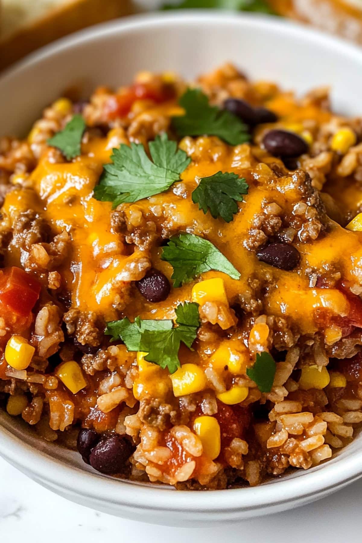 A colorful Mexican beef and rice skillet loaded with ground meat, corn kernels and black beans, garnished with chopped cilantro.