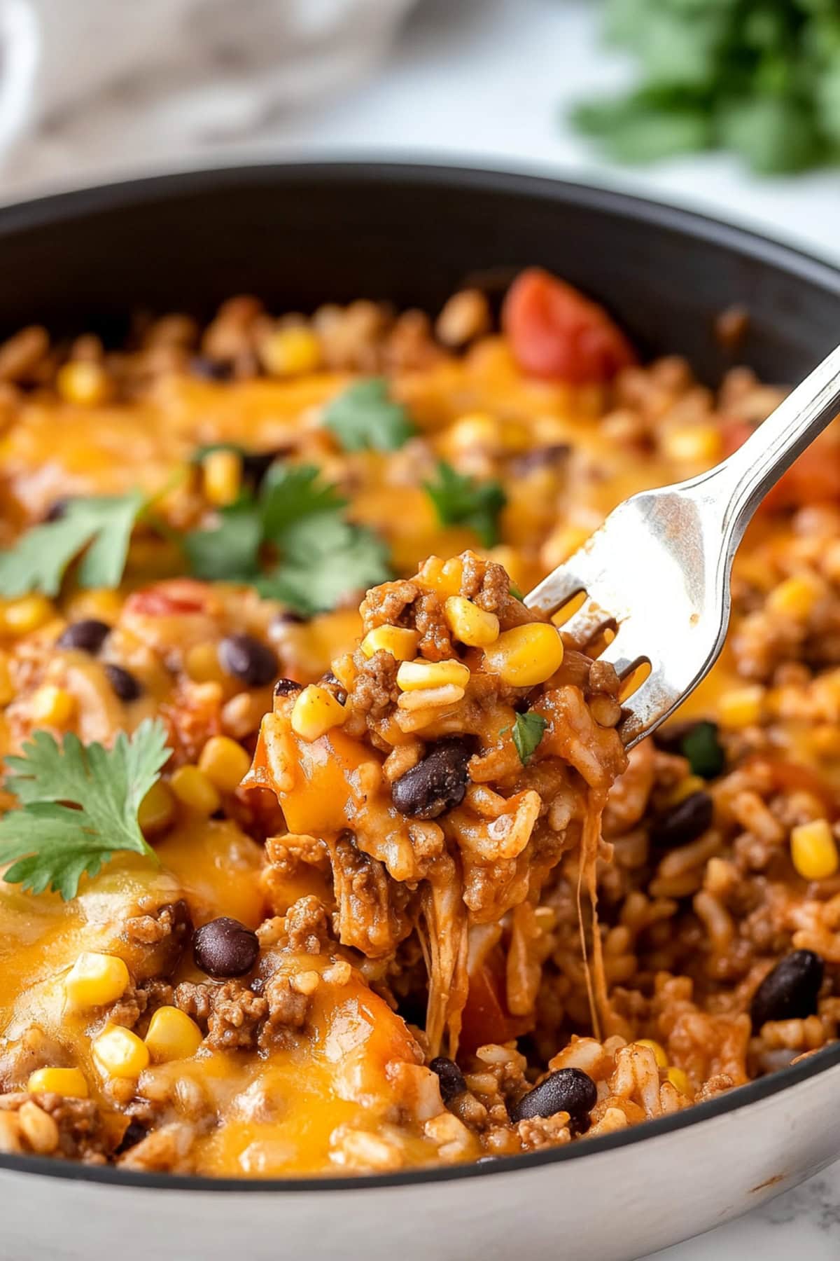 Mexican beef and rice being pulled by a fork in a bowl.