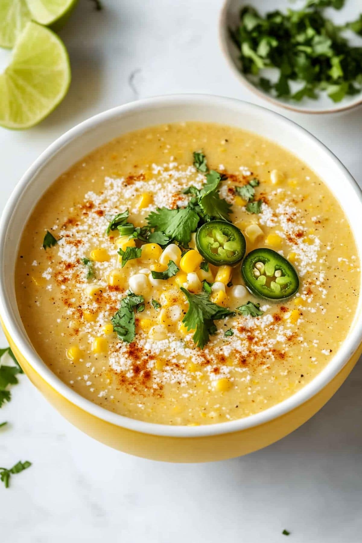 Mexican street corn soup in a yellow bowl garnished with corn kernels, cheese, sliced jalapeños and chopped cilantro, top view.