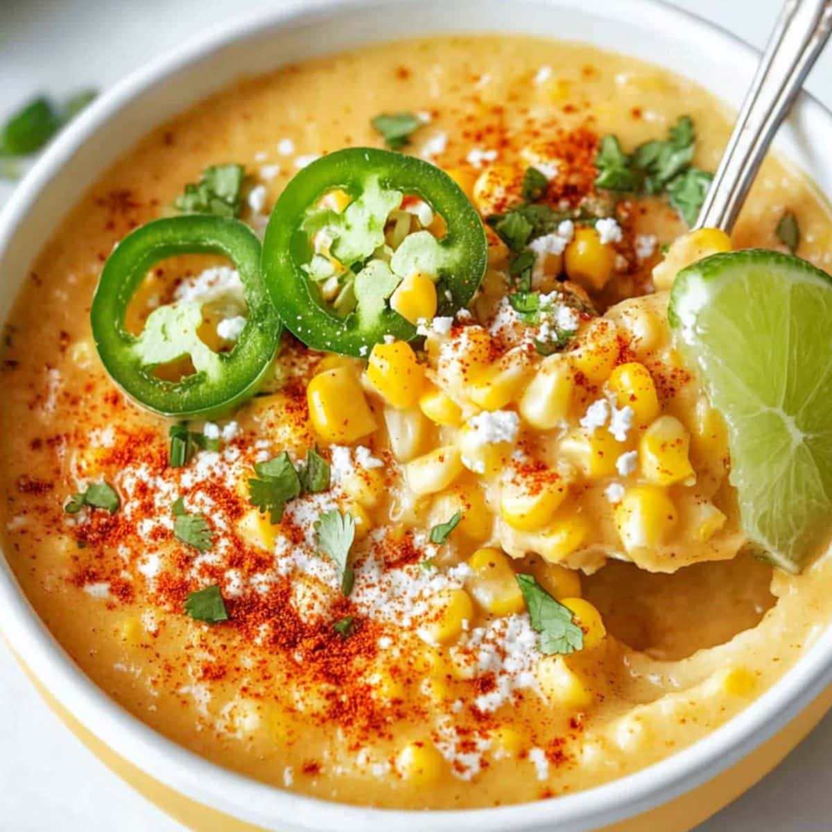 Closeup shot of a bowl of creamy corn soup in a yellow bowl with jalapeños, cotija cheese, fresh lime, and paprika. 