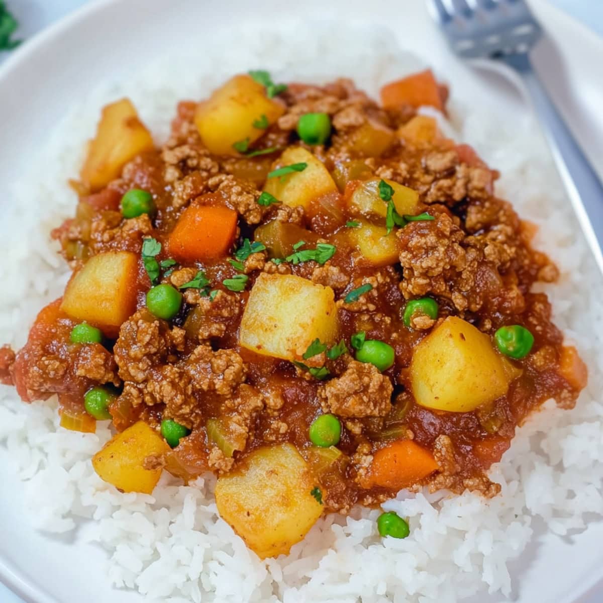 Mexican picadillo served om top of white rice in a white plate.