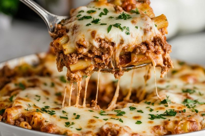 Mouthwatering cheesy million dollar baked ziti with ground beef and sprinkled with chopped parsley.