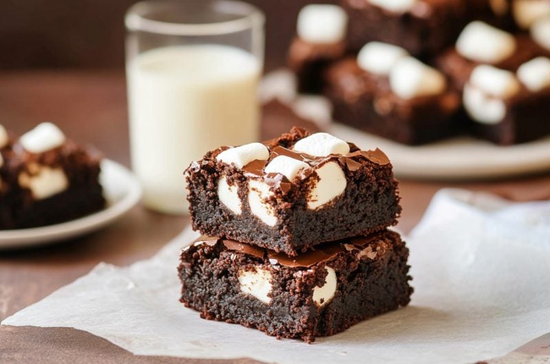 Decadent Mississippi Mud Brownies stacked on a parchment paper with a glass of milk.