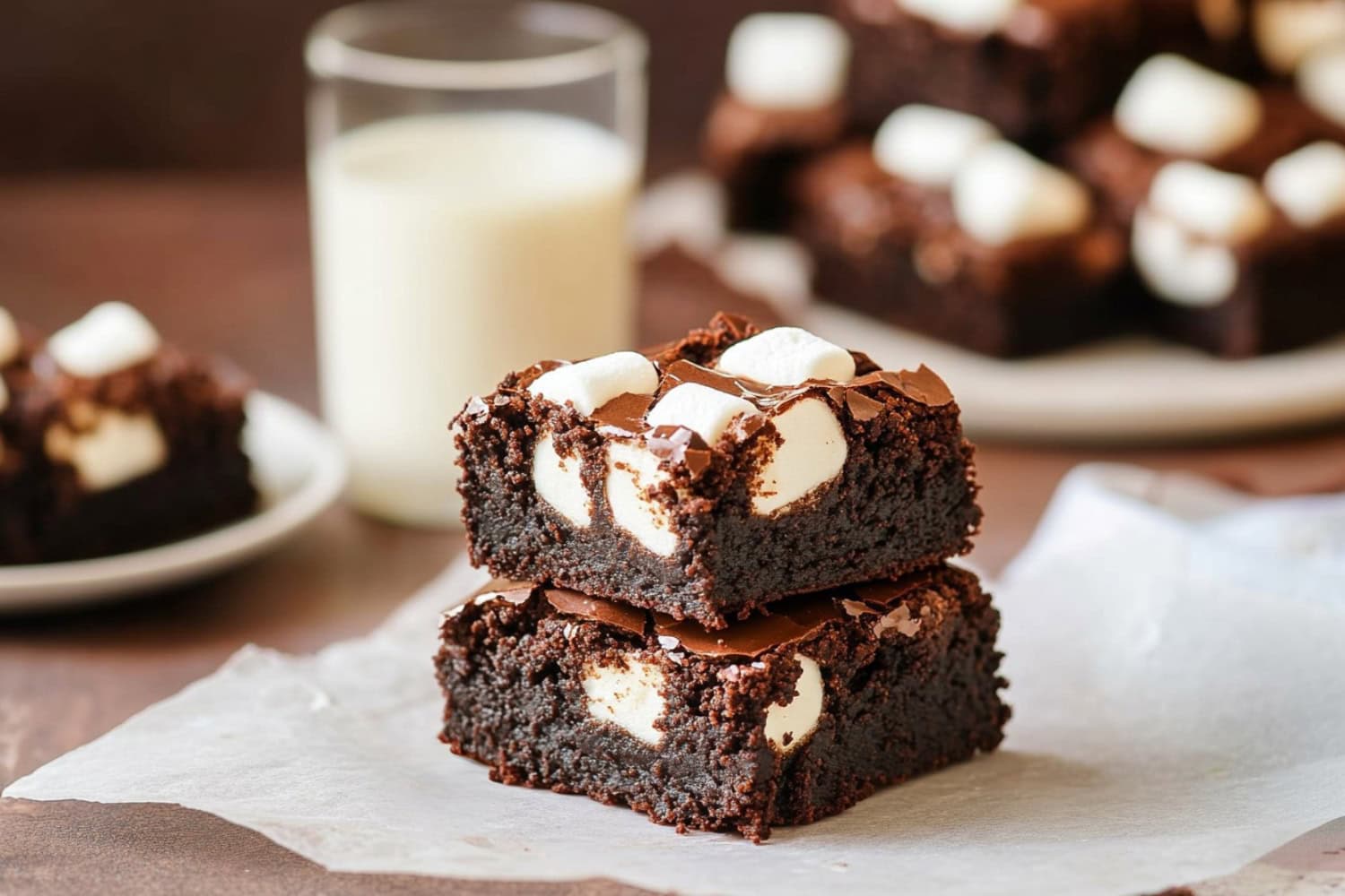 Decadent Mississippi Mud Brownies stacked on a parchment paper with a glass of milk.