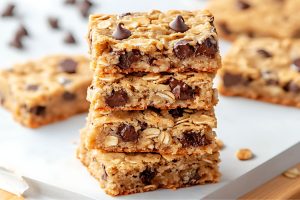 Oatmeal chocolate cookie bars stack on top of each other sitting on a white board.