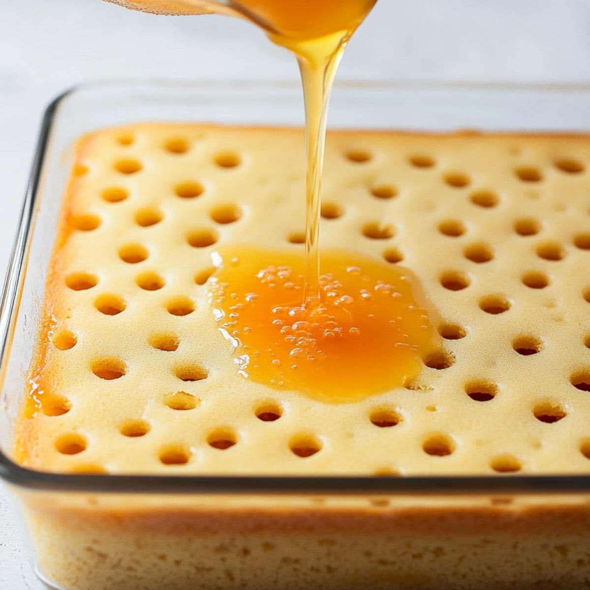 Orange jello poured over yellow cake with poked holes.