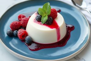 Panna cotta with a smooth vanilla base, elegantly decorated with berries and mint.