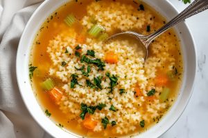 Bowl of homemade pastina soup with tiny shaped pasta, carrots and celery.