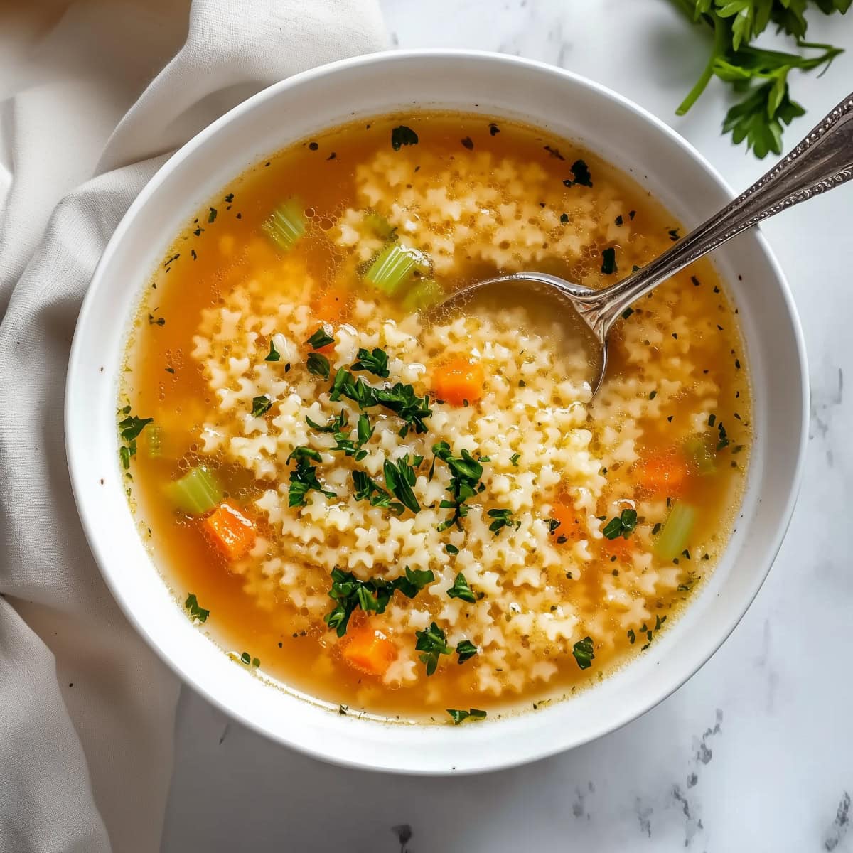 Pastina soup: tiny star-liked pasta in a clear broth with carrots and celery.