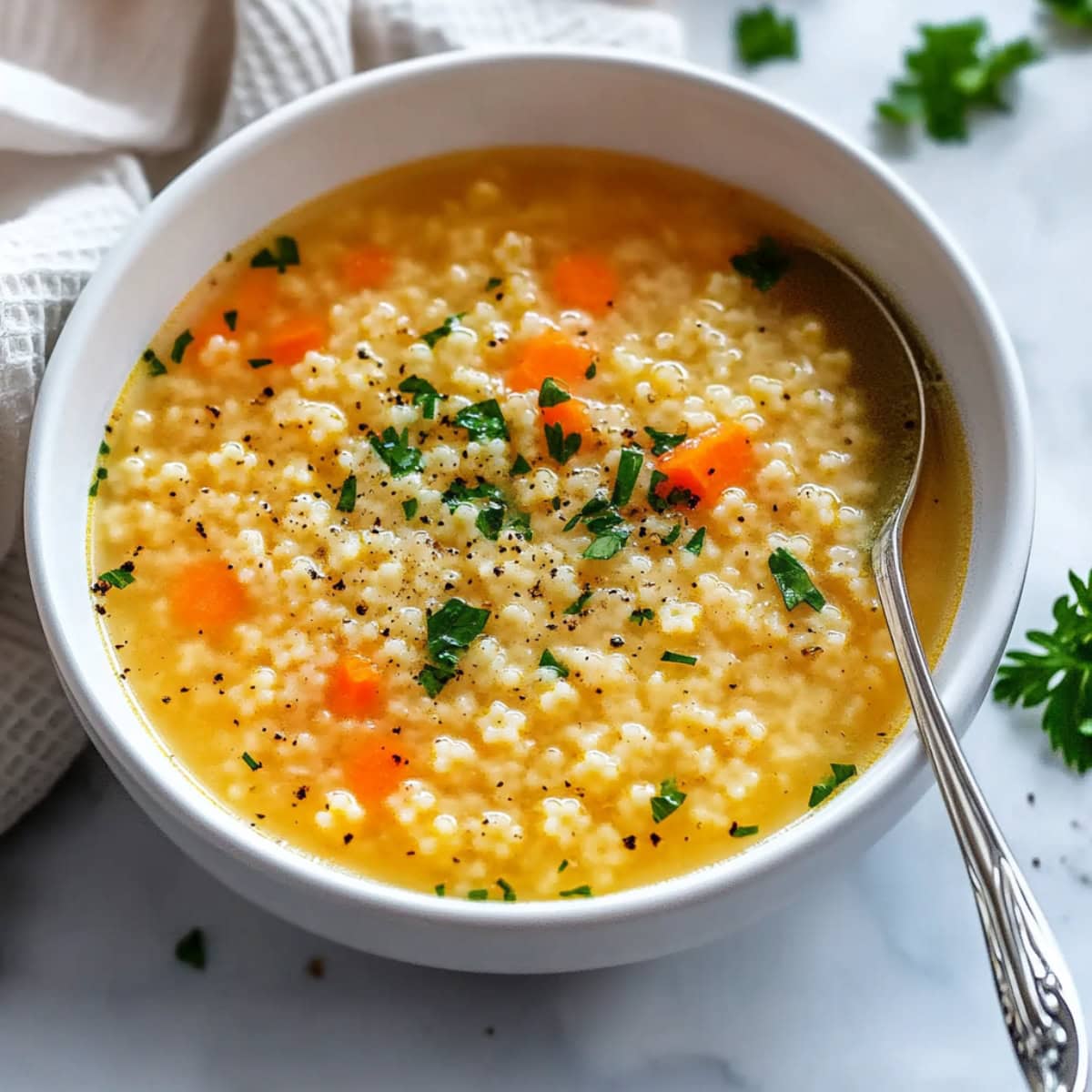 A close-up of pastina soup with delicate pasta and a warm, golden broth, perfect for a cozy meal.