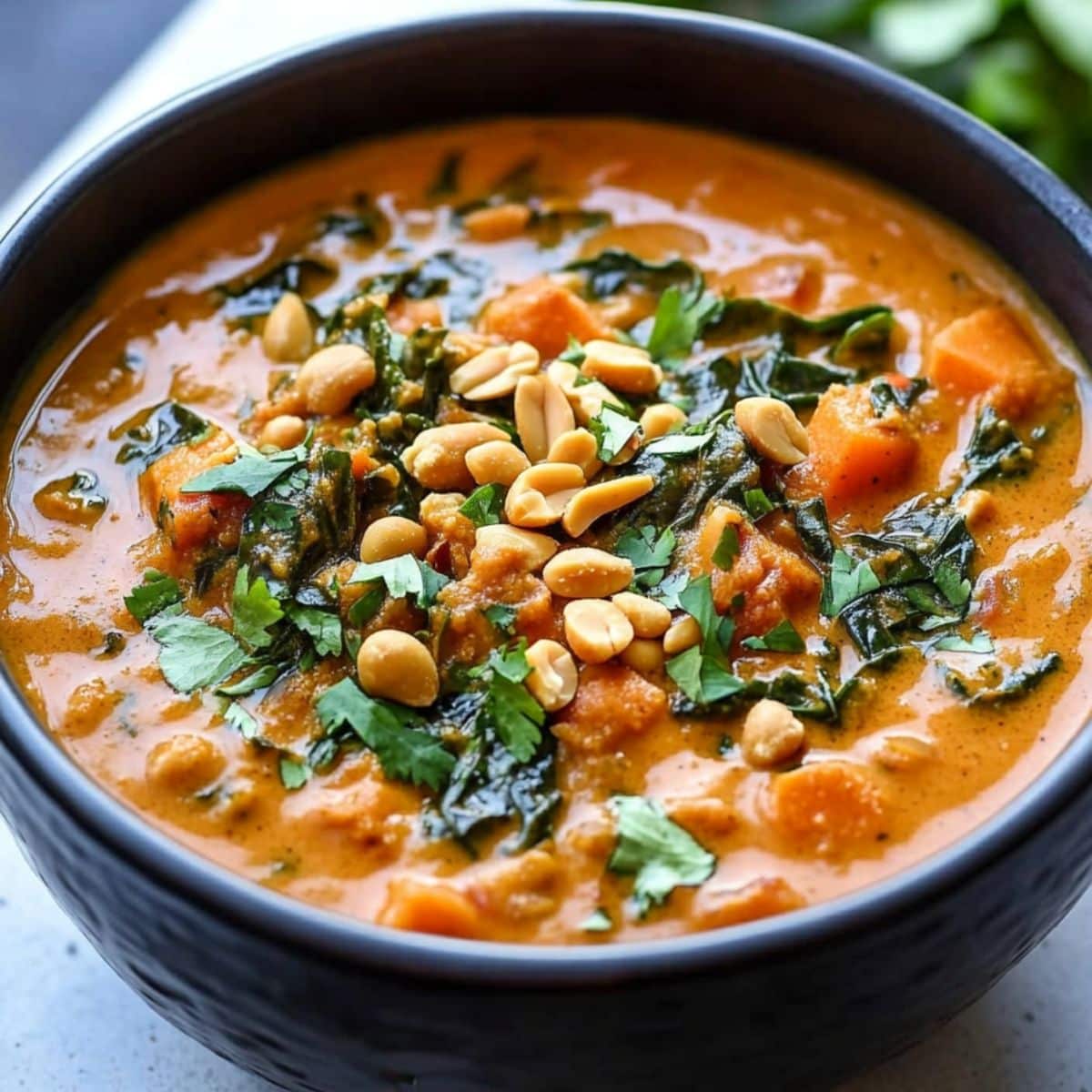 Black bowl with a serving of savory peanut sauce with sweet potato, collard greens garnished with chopped peanuts and cilantro on top.