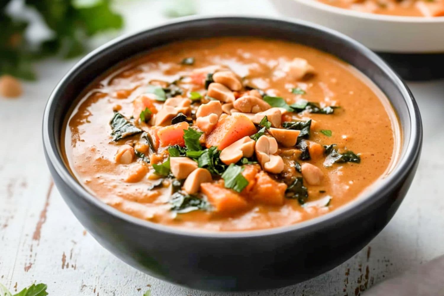 Peanut butter soup served in a black bowl garnished with chopped peanuts and cilantro.