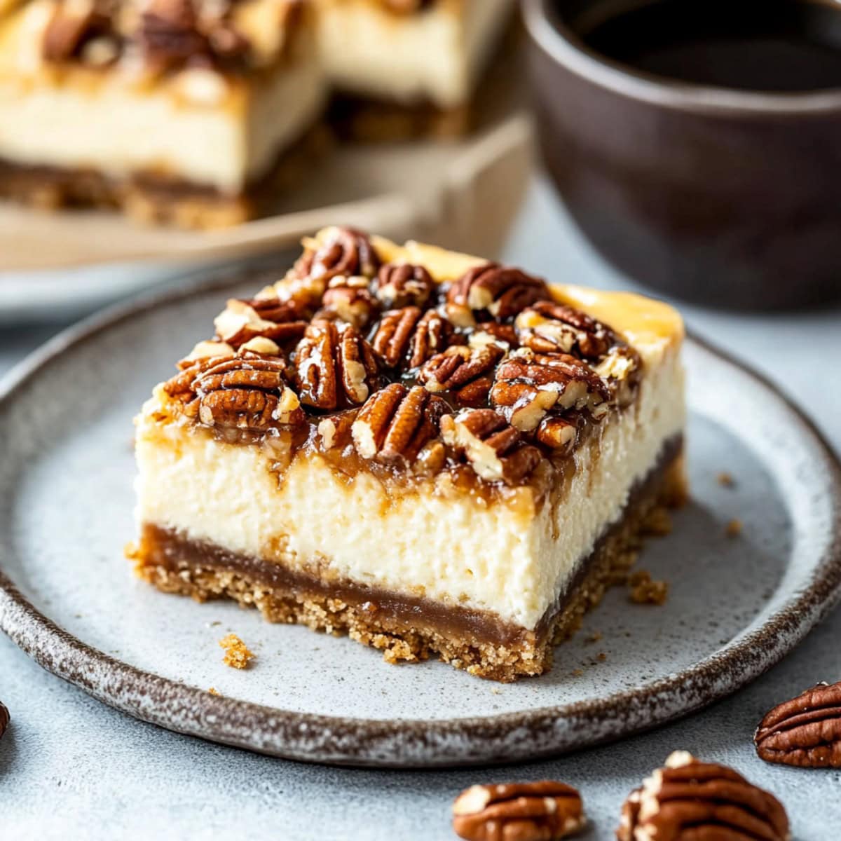 Pecan Pie Cheesecake Bar on a Plate