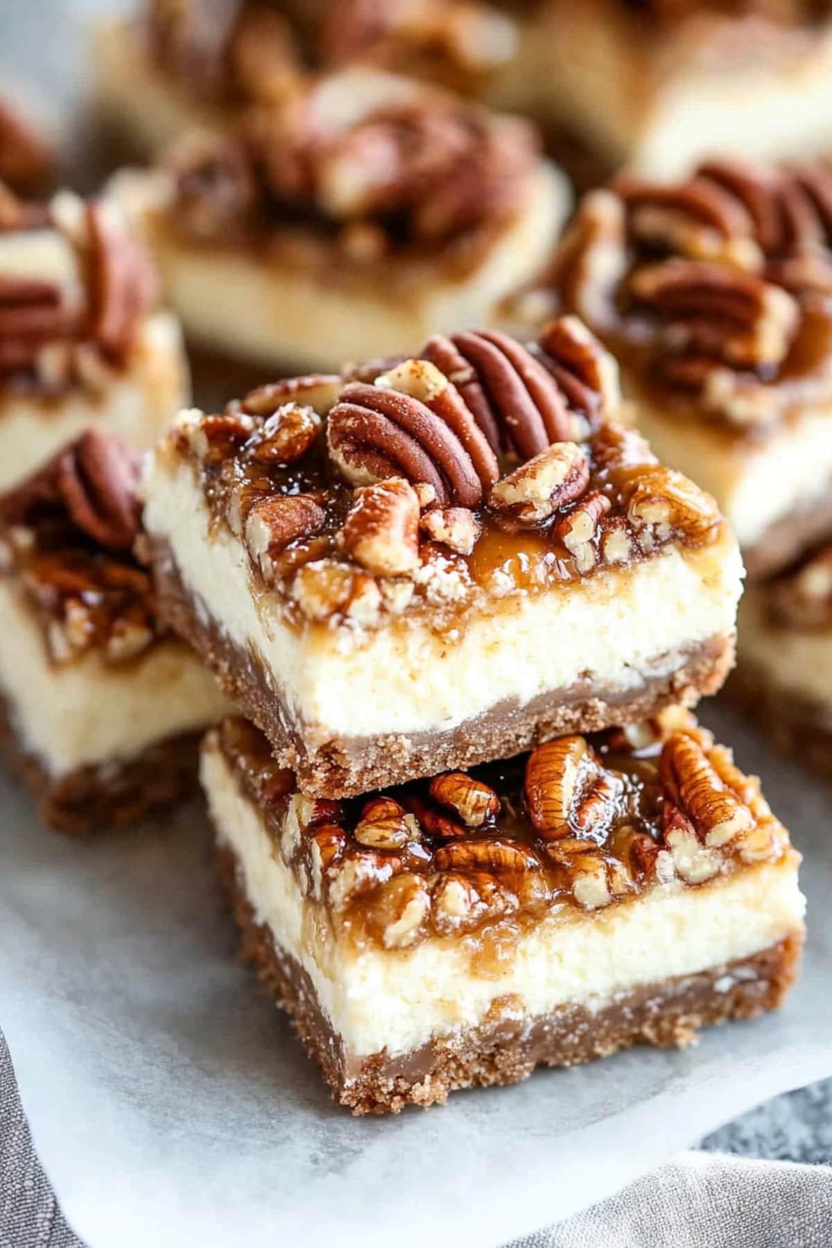 Pecan Pie Cheesecake Bars Stack on Parchment