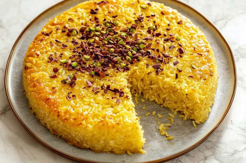 Close-up of perfectly cooked Persian rice, highlighting individual grains and the golden tahdig piece on top with dried barberries and pistachio nuts.