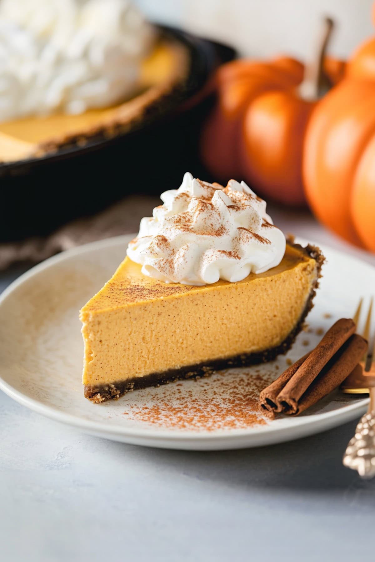 Piece of No Bake Marshmallow Pumpkin Pie on a Plate