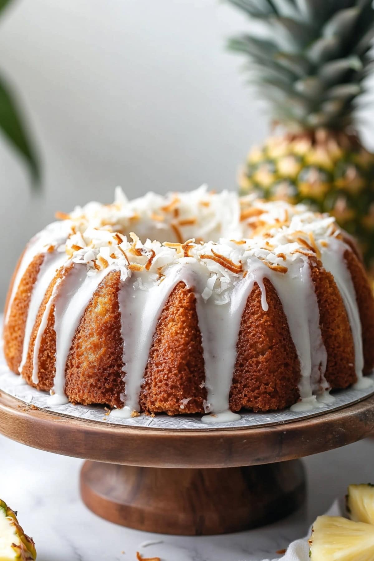 Pina Colada Pound Cake on a Cake Stand