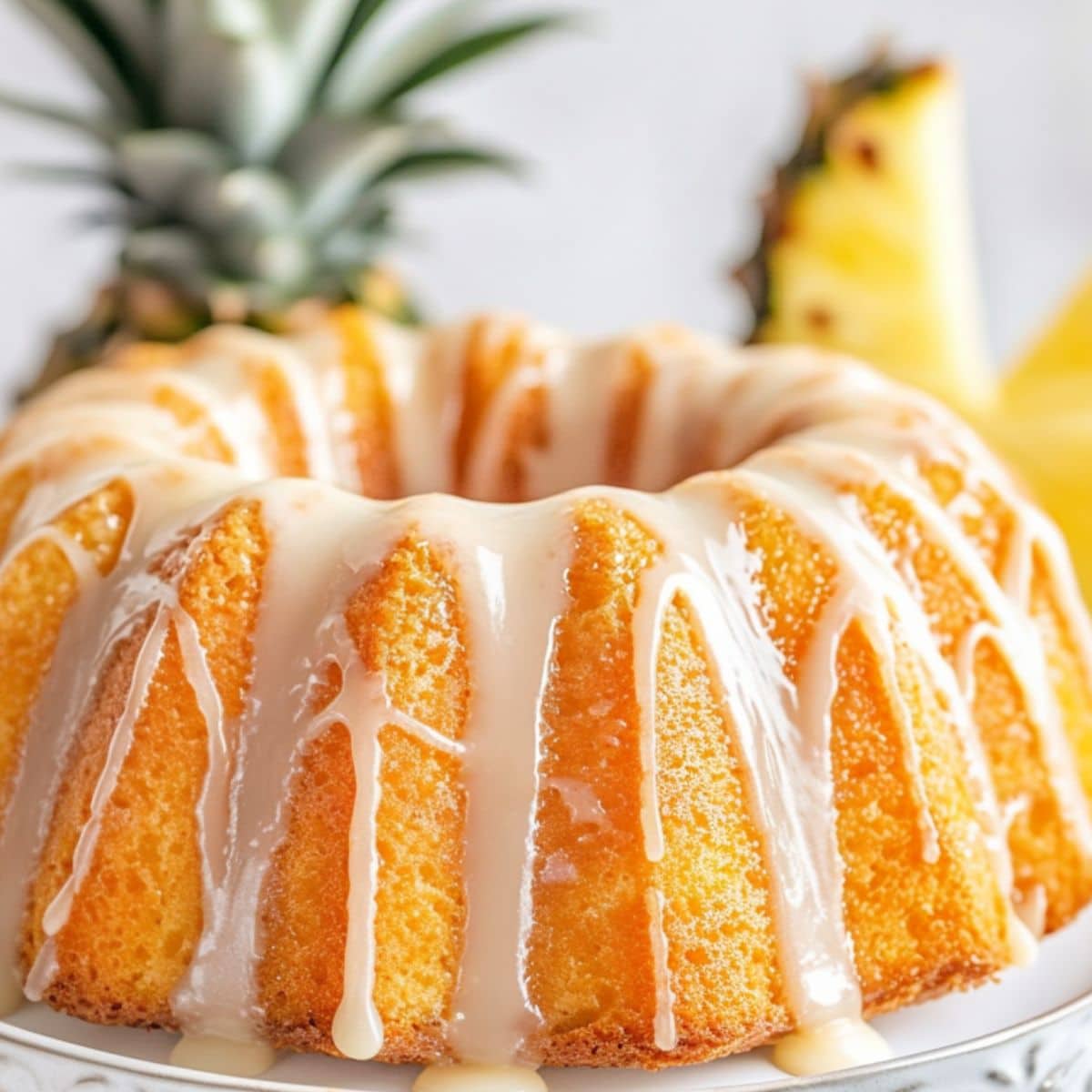 Whole pineapple cream cheese pound cake in a cake tray drizzled with sugar glaze.