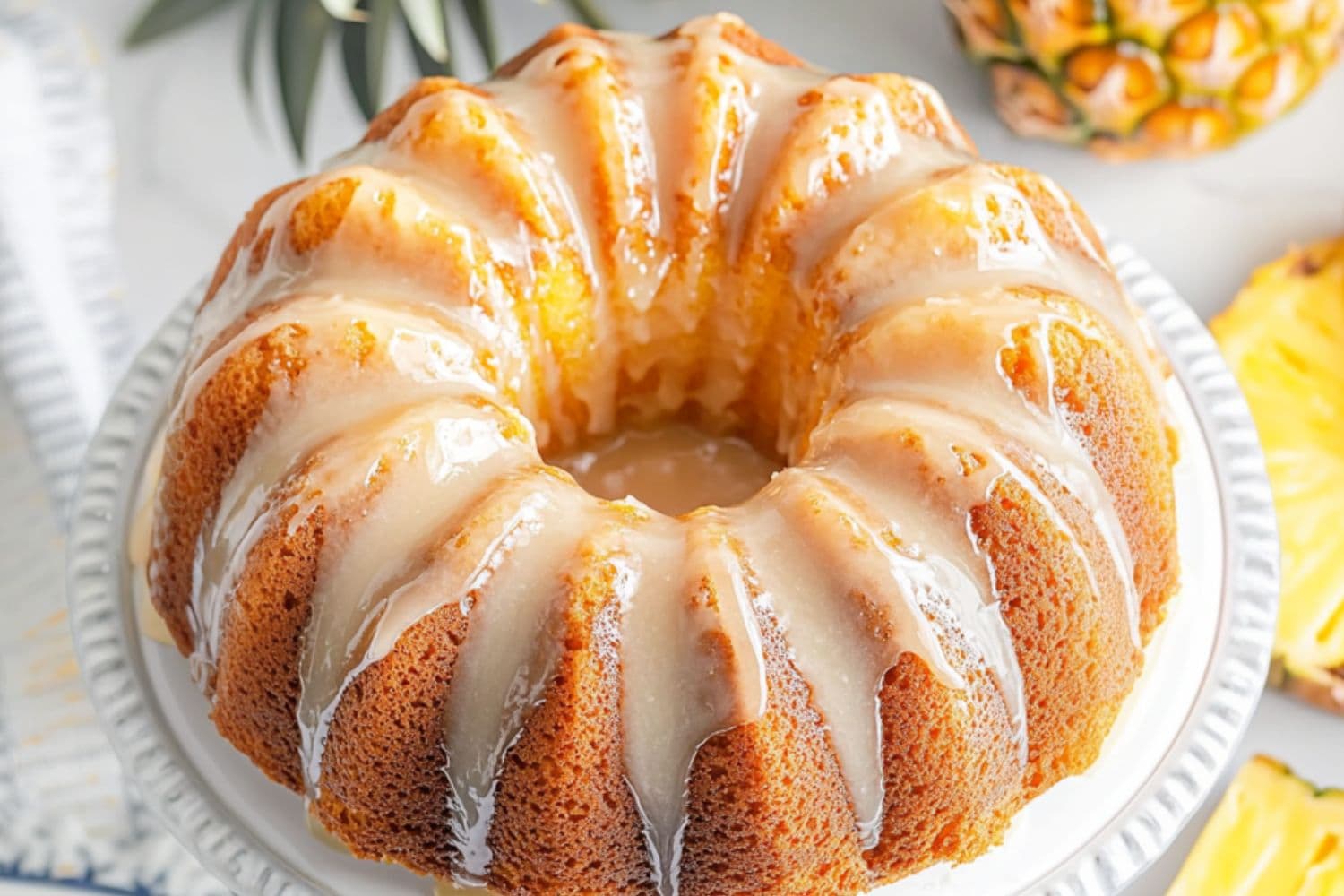 Pound cake in a cake tray drizzled with white glaze.