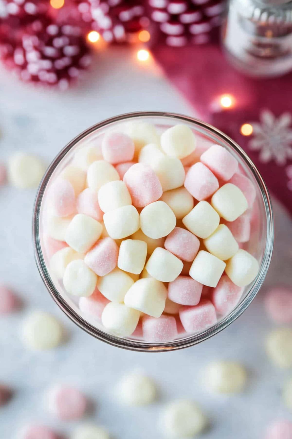 Pink and White Butter Mints in a Glass, top view