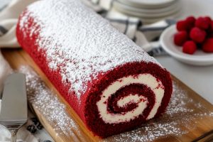 An elegant red velvet roll cake with a soft, fluffy texture and a perfect swirl of creamy filling.