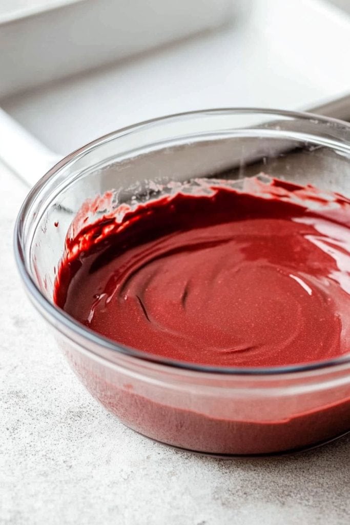 Red velvet cake batter mix in a glass bowl.