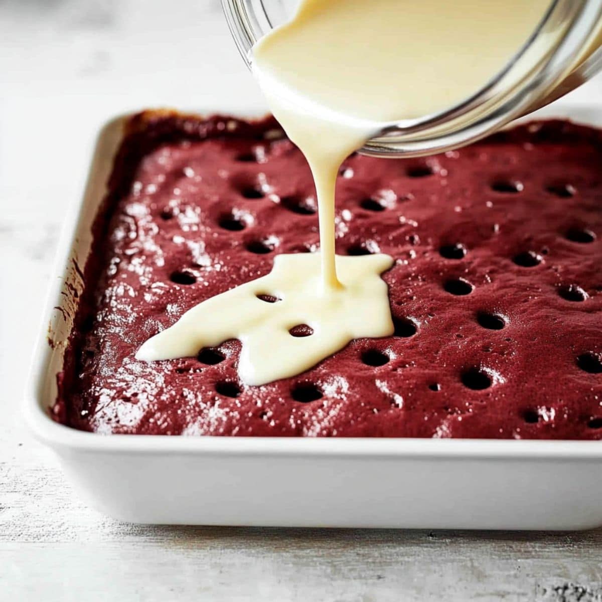 Condensed milk pouring over red velvet cake in a rectangular baking dish with poked holes.