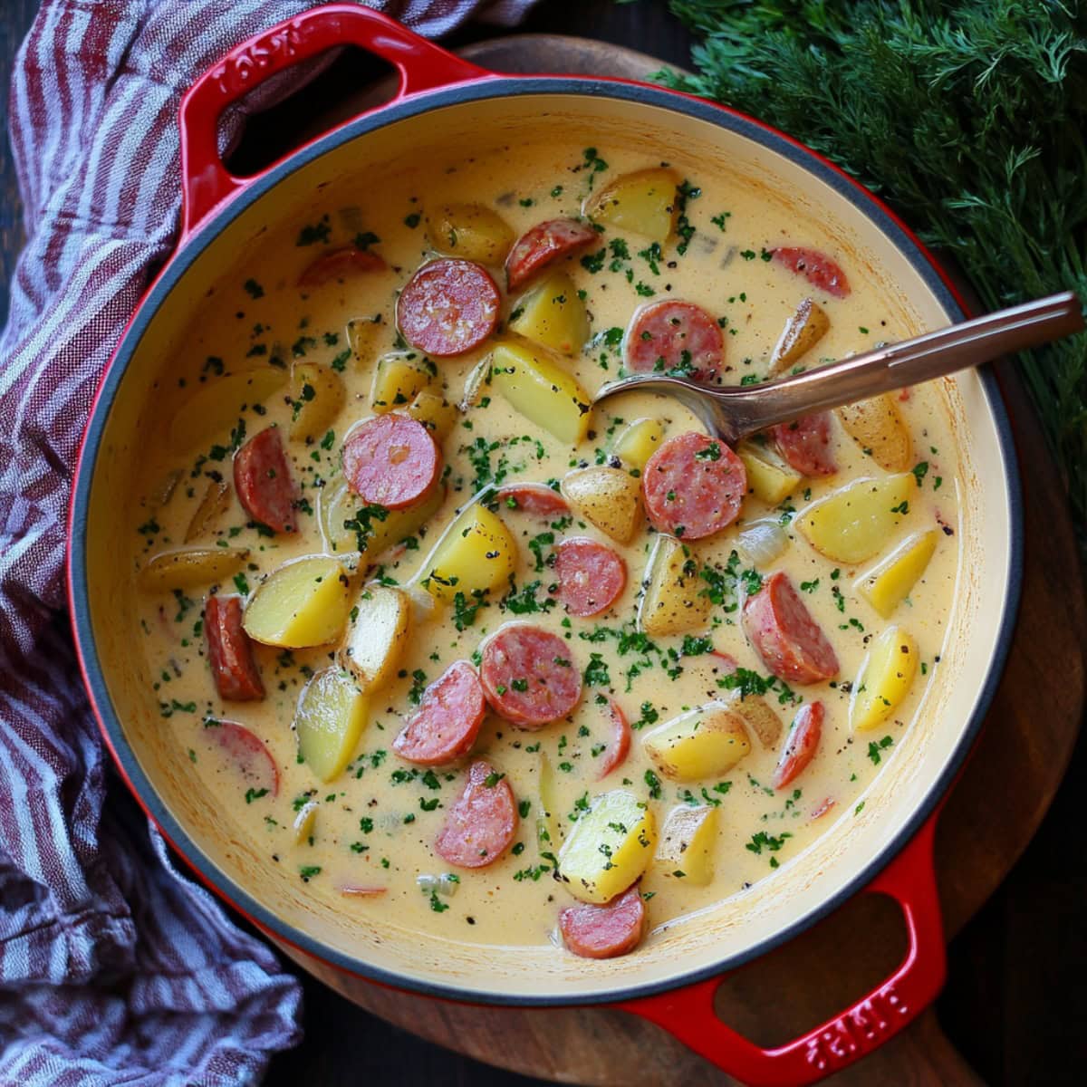 Rich & Creamy Kielbasa Potato Soup in a Dutch Oven