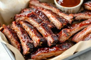 Sliced baby pork ribs in a sheet pan served with barbeque sauce.