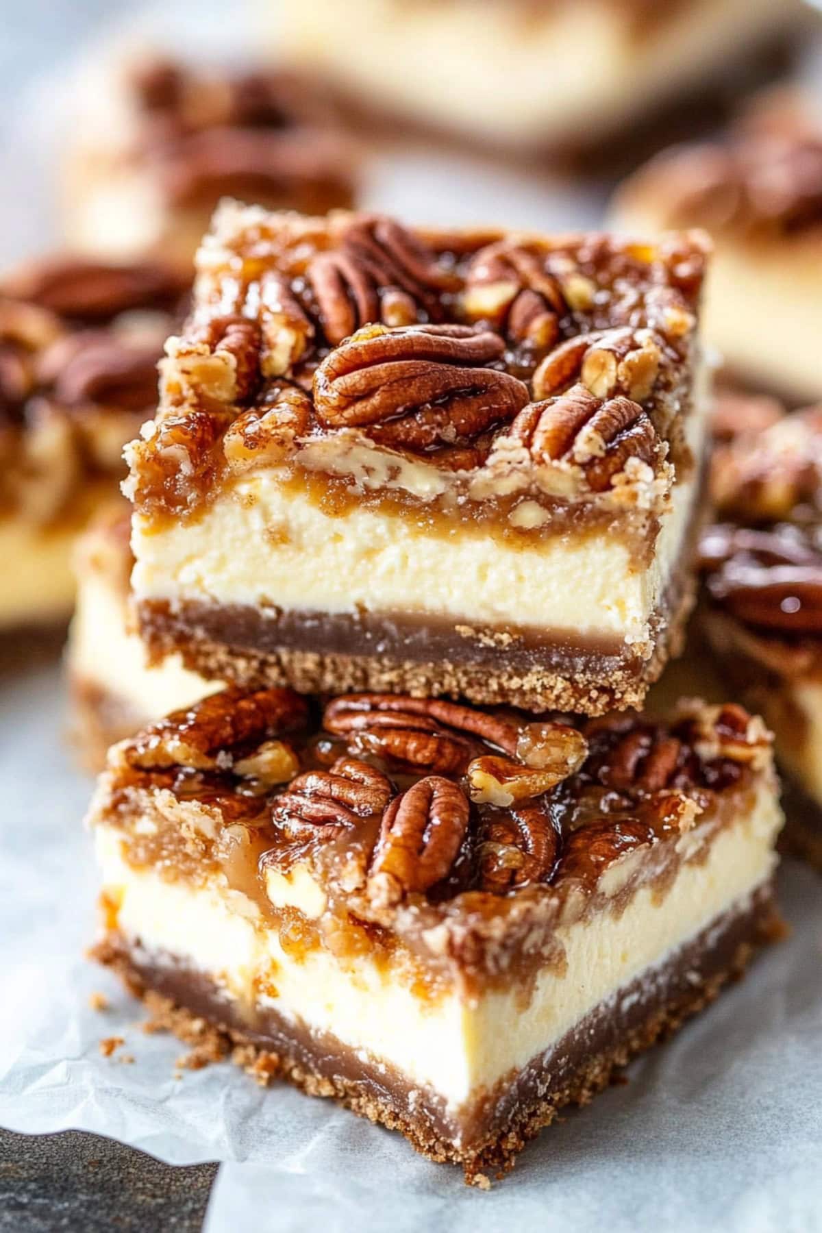 Square Slices of Pecan Pie Cheesecake Bars