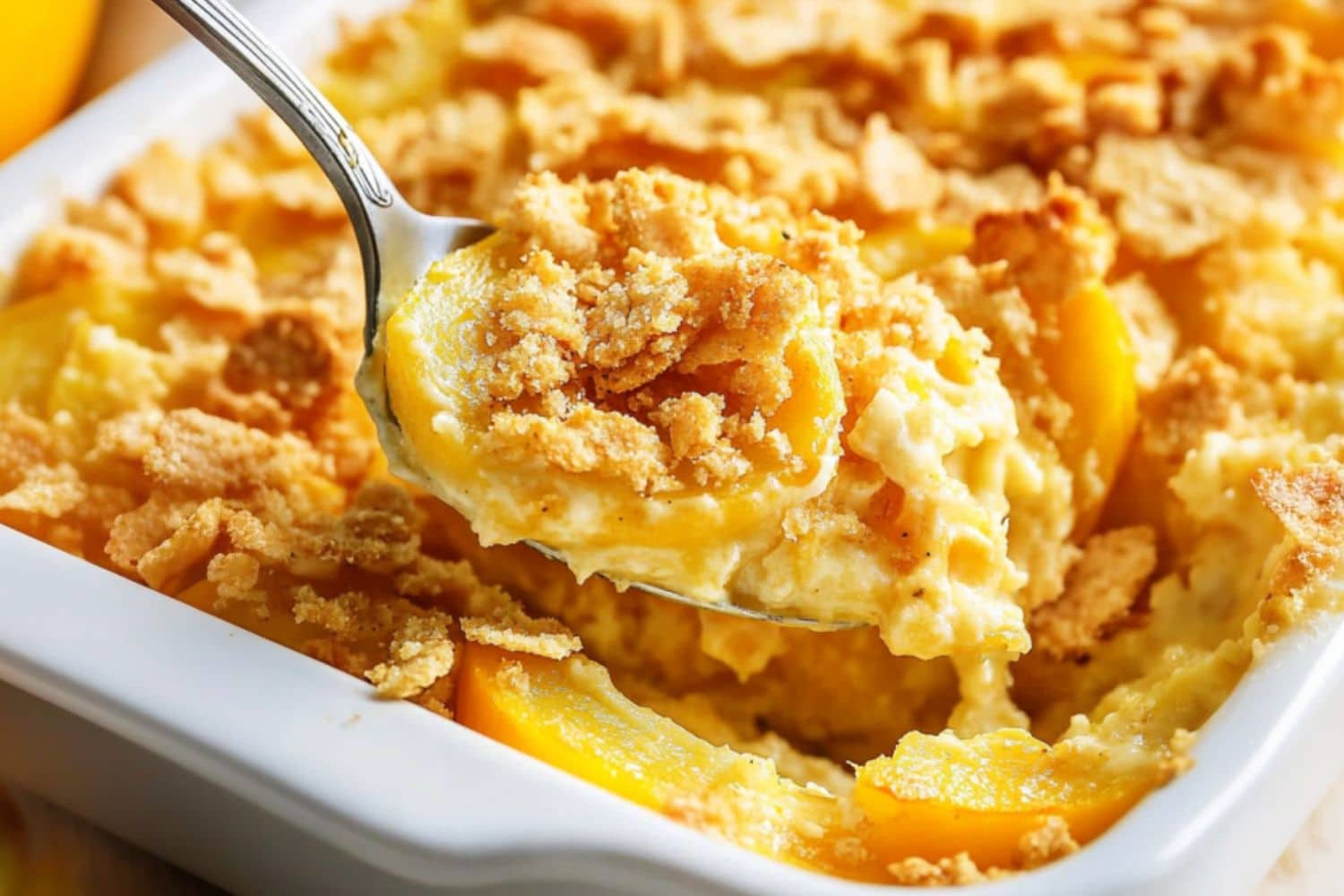 Squash casserole scooped by a metal spoon from the baking dish.