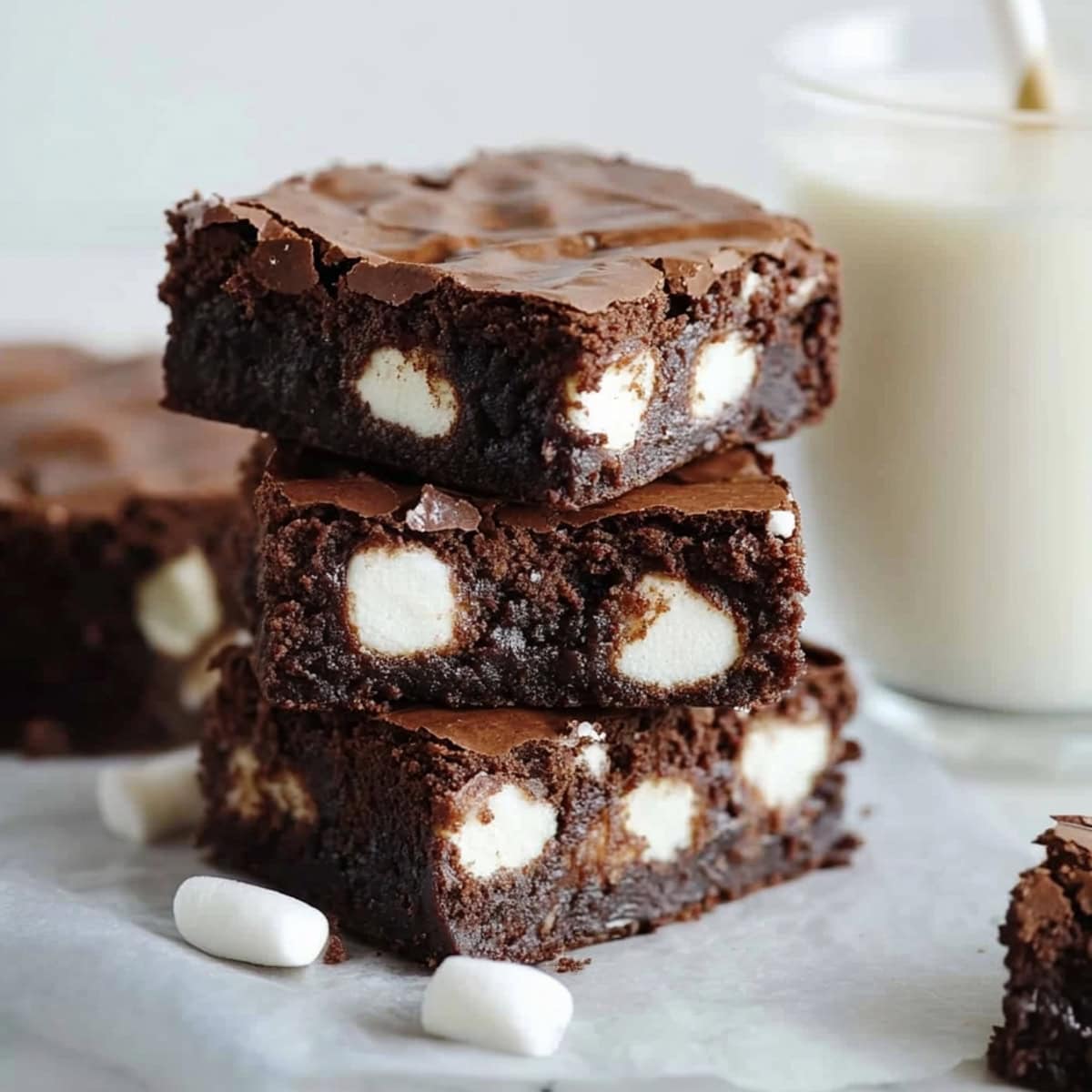 Close-up of three stacked Mississippi mud brownies on parchment paper.