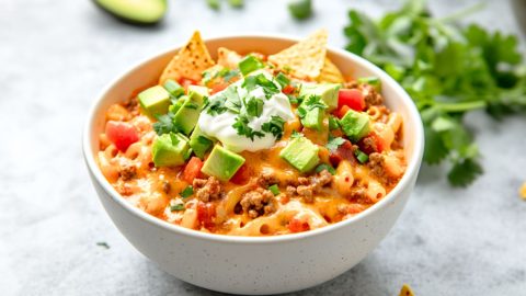 Cheesy taco and macaroni served in a white bowl.