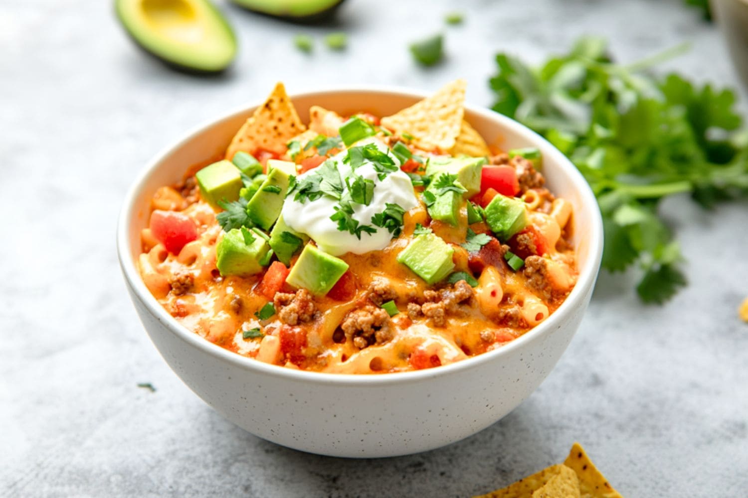 Cheesy taco and macaroni served in a white bowl.