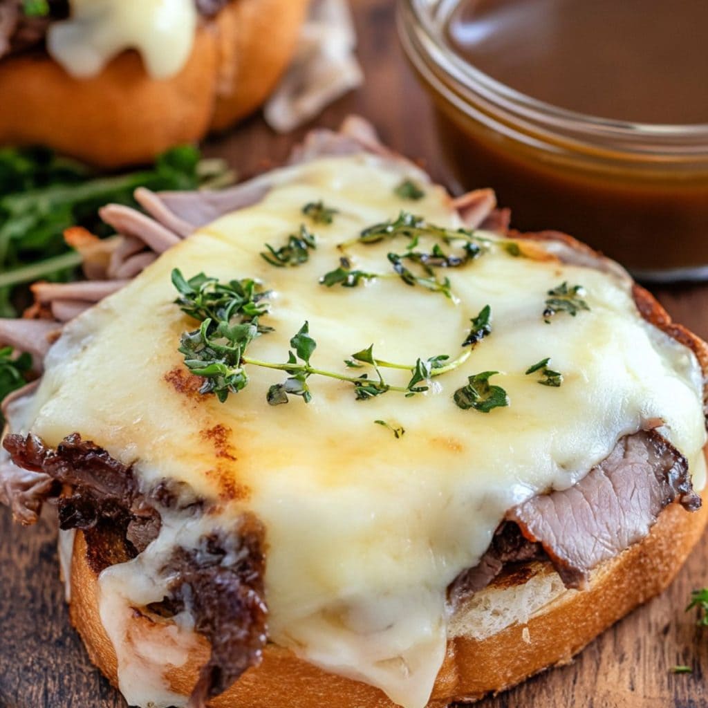 Covered with melted cheese thinly sliced roast beef topped to Texas French Dips served with gravy on the side.