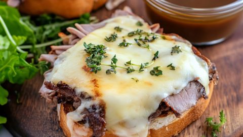 Texas toast French dips with melted cheese and thinly sliced roast beef sitting on a wooden board.