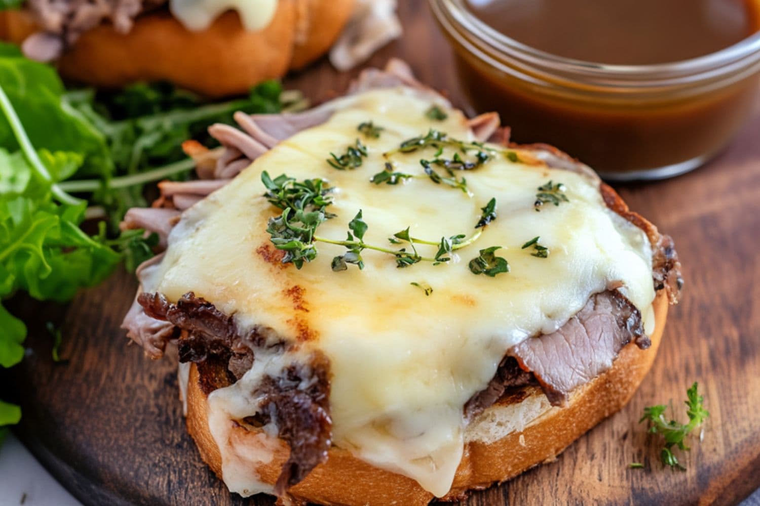 Texas toast French dips with melted cheese and thinly sliced roast beef sitting on a wooden board.