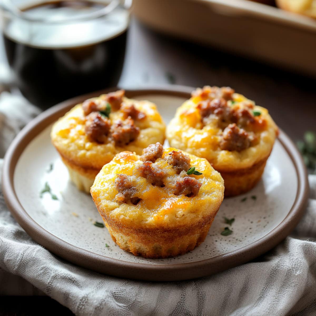 Three sausage pancake muffins on a plate with coffee