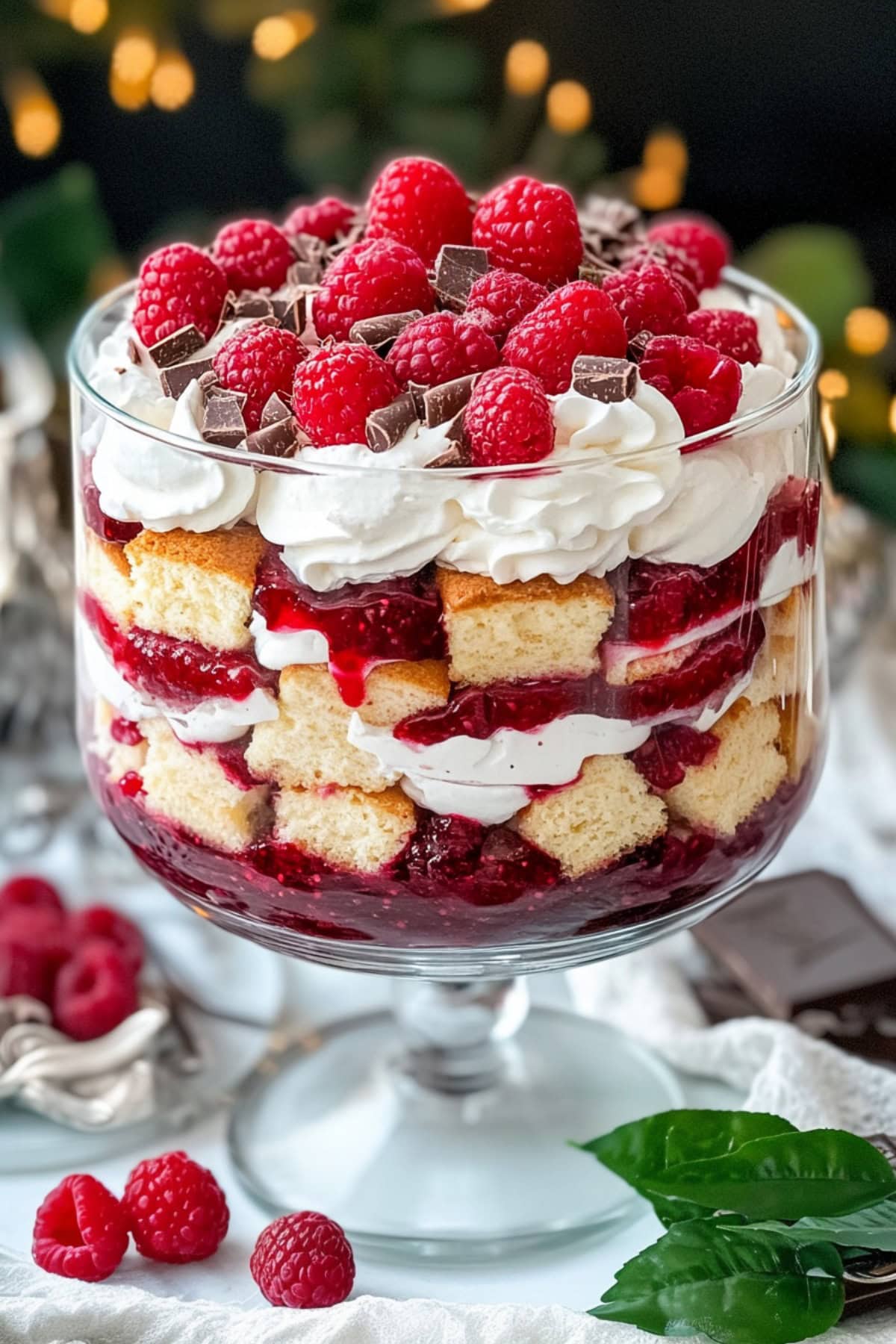 Trifle with Layers of Cream, Cake, and Raspberries