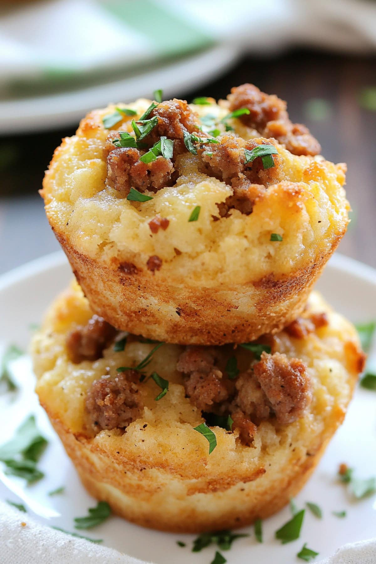 Two sausage pancake muffins stacked