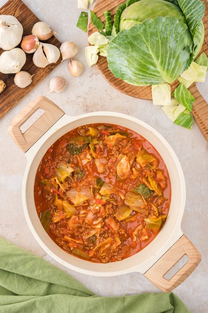 Unstuffed Cabbage Rolls cooking in a Dutch oven