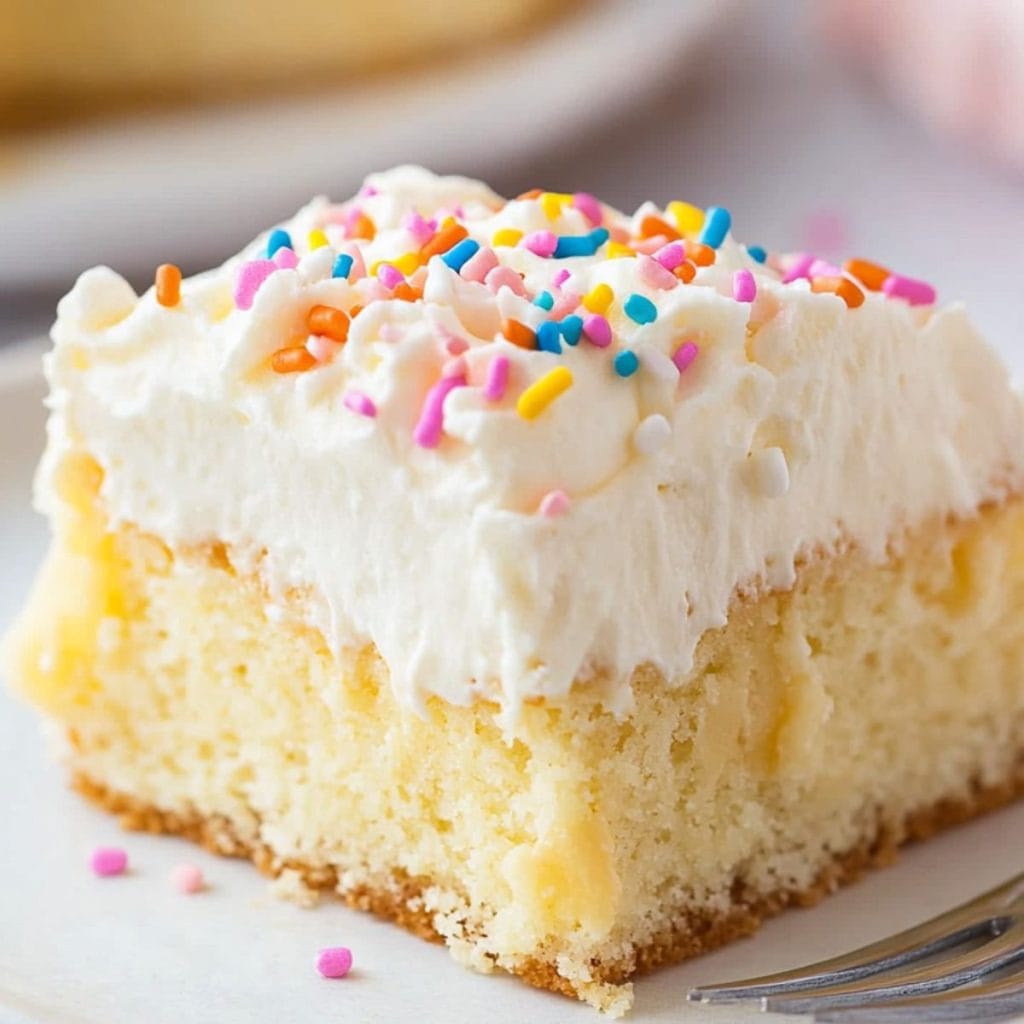 Slice of vanilla poke cake with whipped cream on top garnished with candy sprinkles on top.